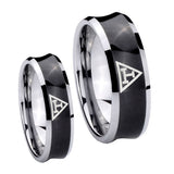 Bride and Groom Masonic Triple Concave Black Tungsten Carbide Engraved Ring Set