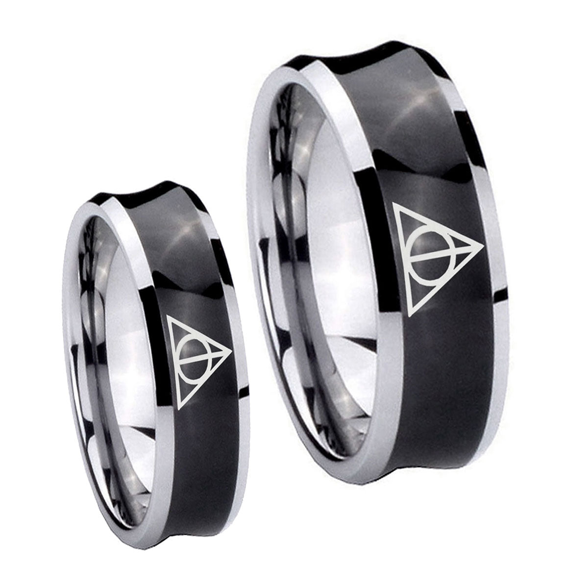 Deathly Hallows Concave Black Tungsten His Hers Set Rings