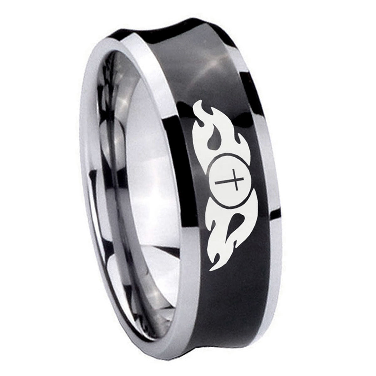 10mm Flamed Cross Concave Black Tungsten Carbide Mens Ring Engraved