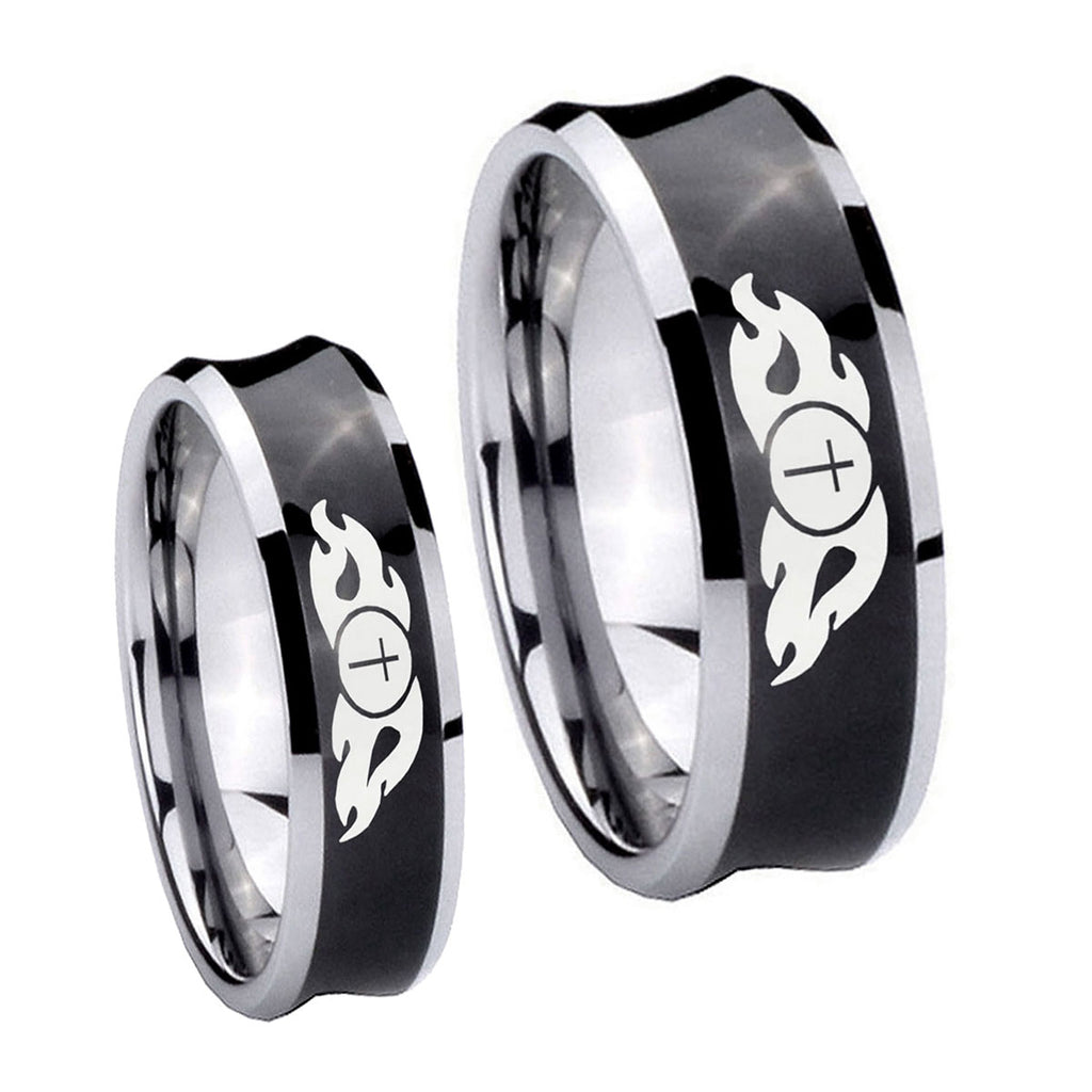 Flamed Cross Concave Black Tungsten Couple Band Set