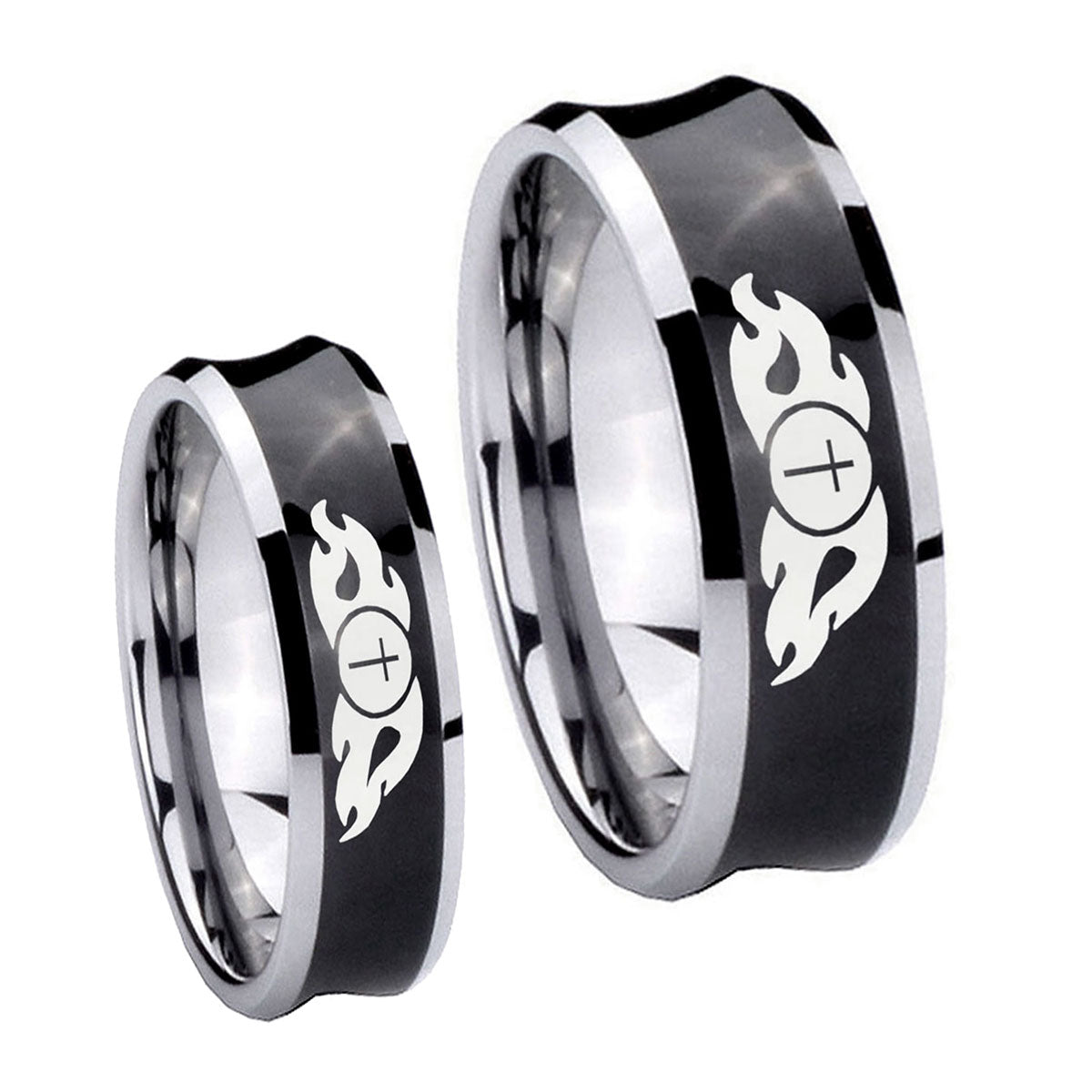 Flamed Cross Concave Black Tungsten Couple Band Set