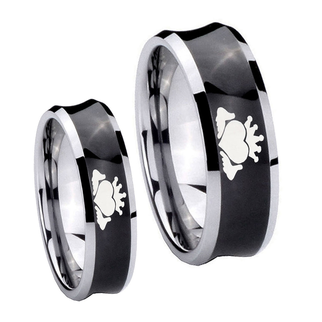 Claddagh Design Concave Black Tungsten Couple Wedding Bands