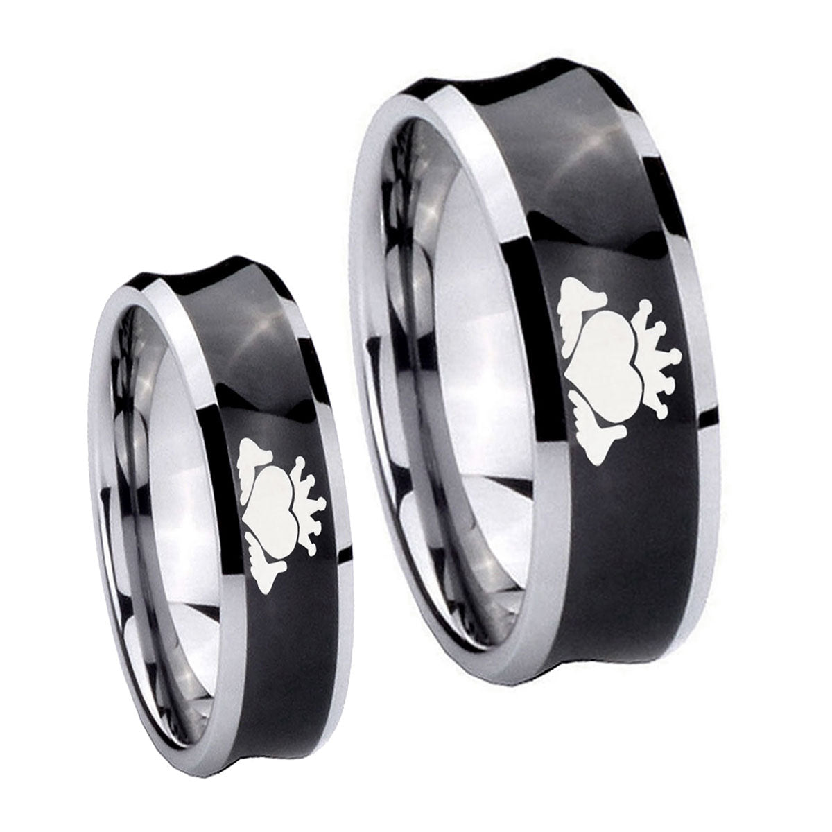 Claddagh Design Concave Black Tungsten Couple Wedding Bands