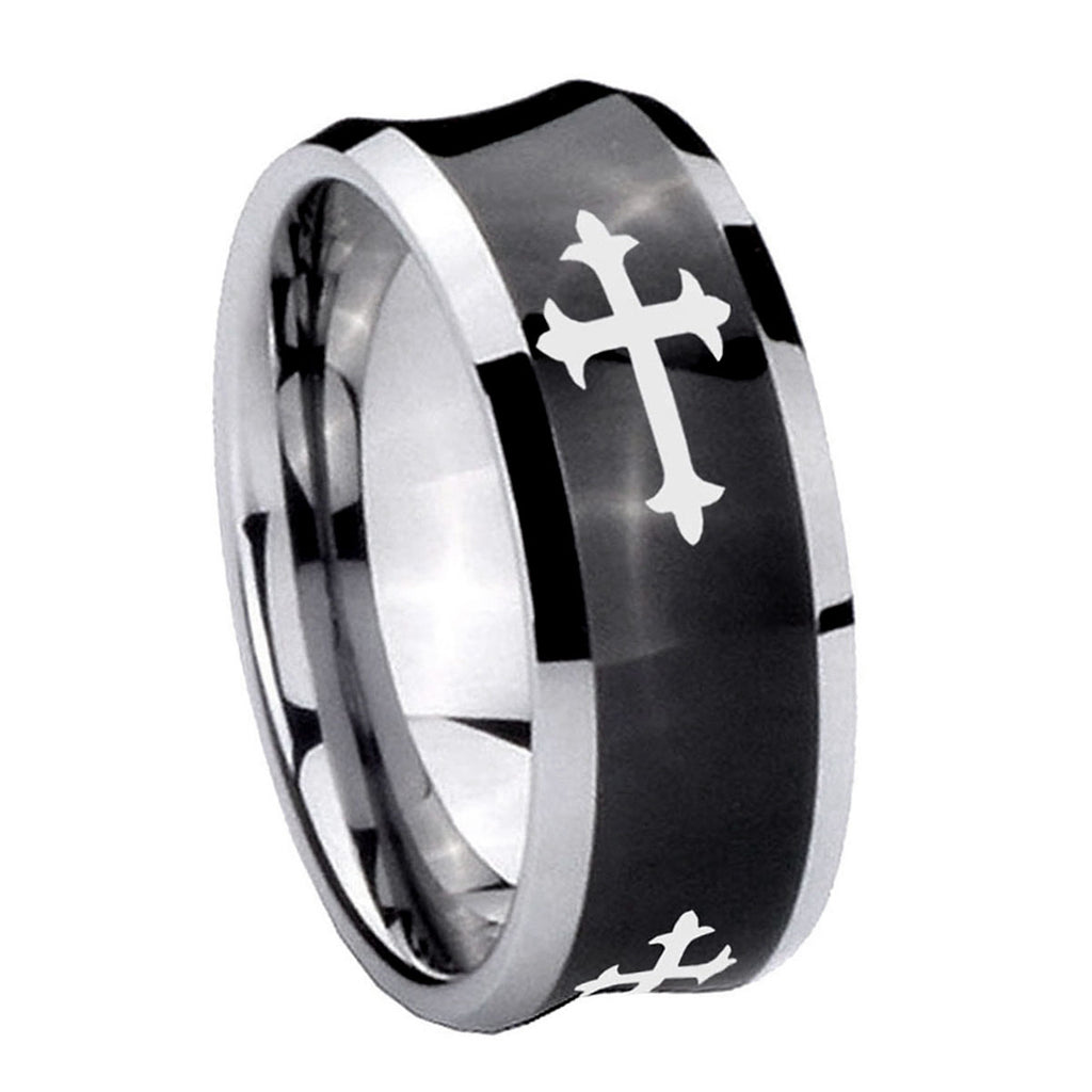 10mm Christian Cross Religious Concave Black Tungsten Carbide Men's Engagement Band
