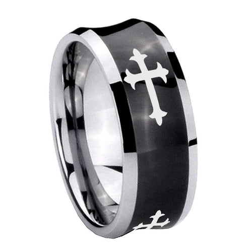 10mm Christian Cross Religious Concave Black Tungsten Carbide Men's Engagement Band