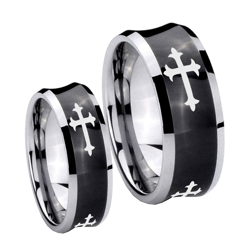 Christian Cross Religious Concave Black Tungsten Engagement Ring Set