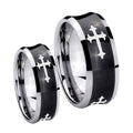 Christian Cross Religious Concave Black Tungsten Engagement Ring Set