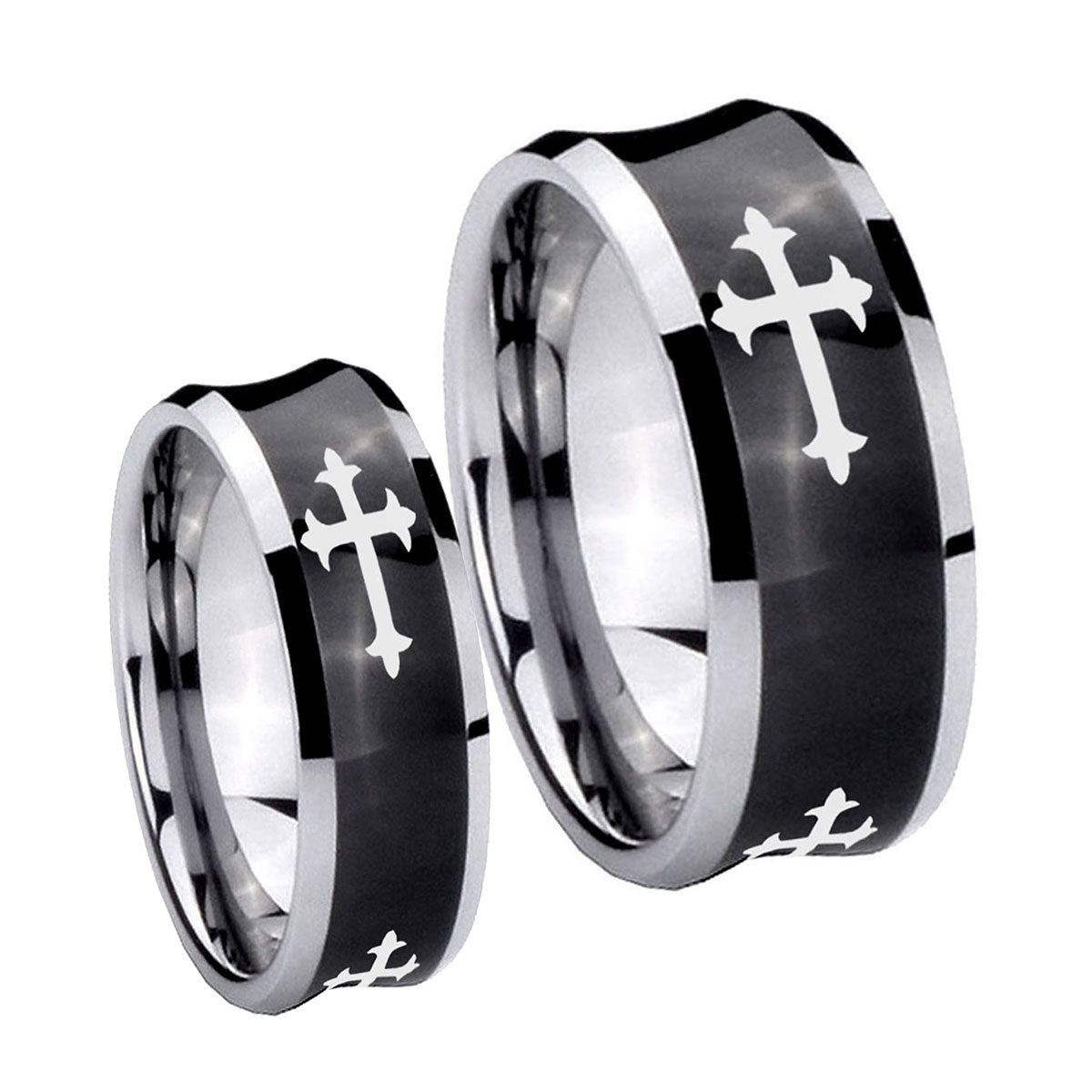 Christian Cross Religious Concave Black Tungsten Engagement Ring Set
