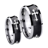 His and Hers Christian Cross Religious Concave Black Tungsten Mens Ring Engraved Set