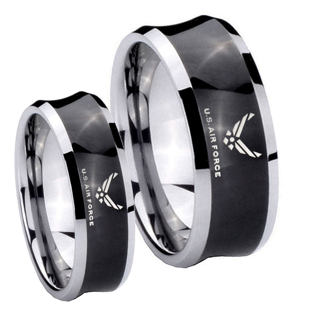 Black Concave US Air Force Two Tone Tungsten Mens Set Rings