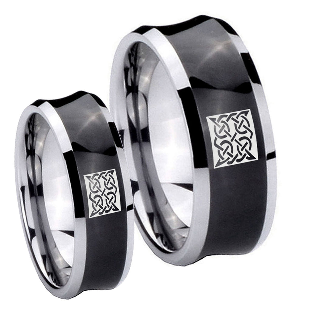 Celtic Design Concave Black Tungsten His Hers Ring Set