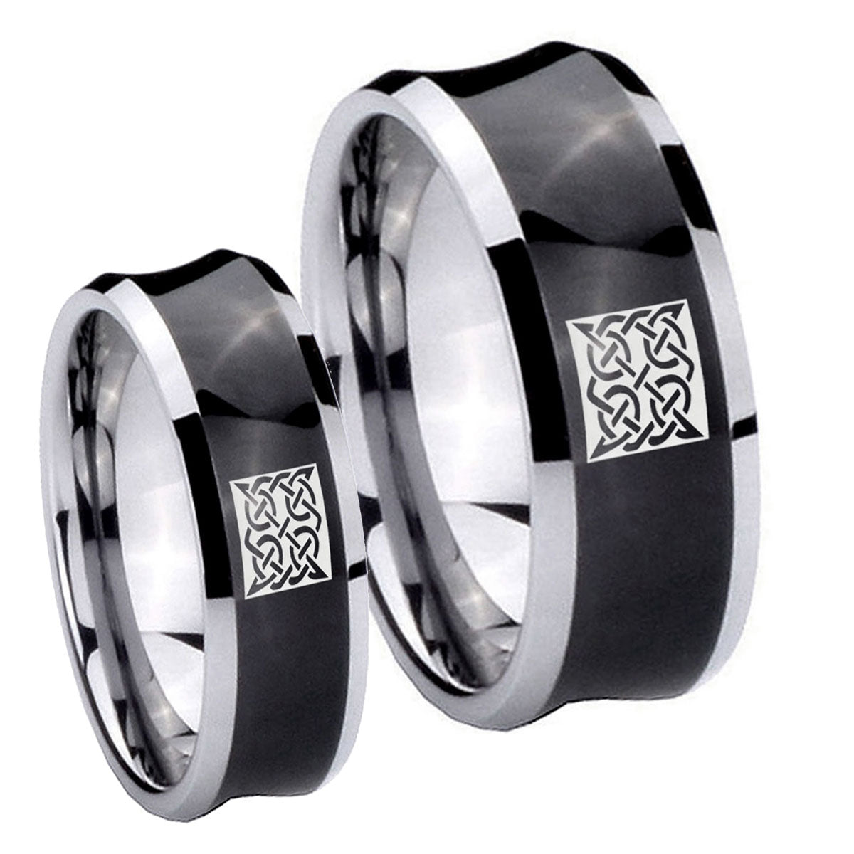 Celtic Design Concave Black Tungsten His Hers Ring Set