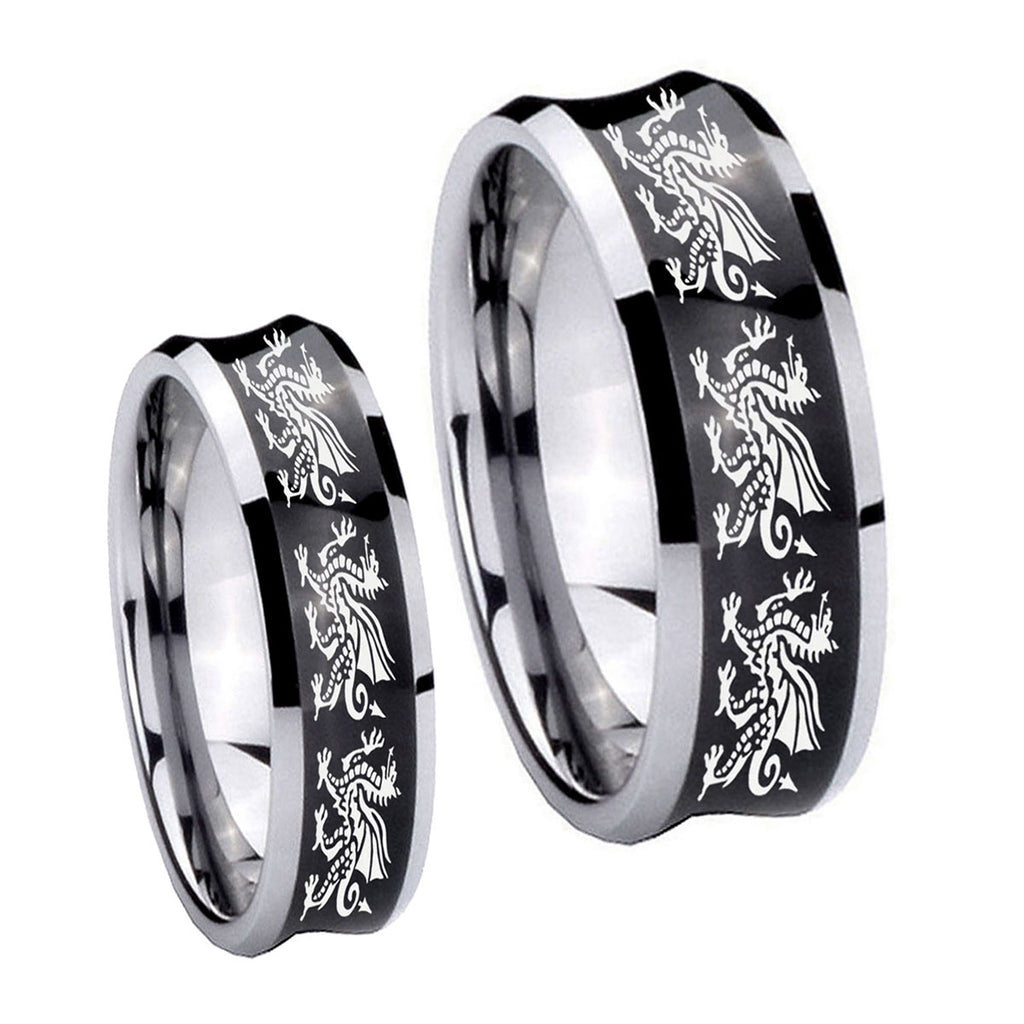 Multiple Dragon Concave Black Tungsten Mens Ring Set