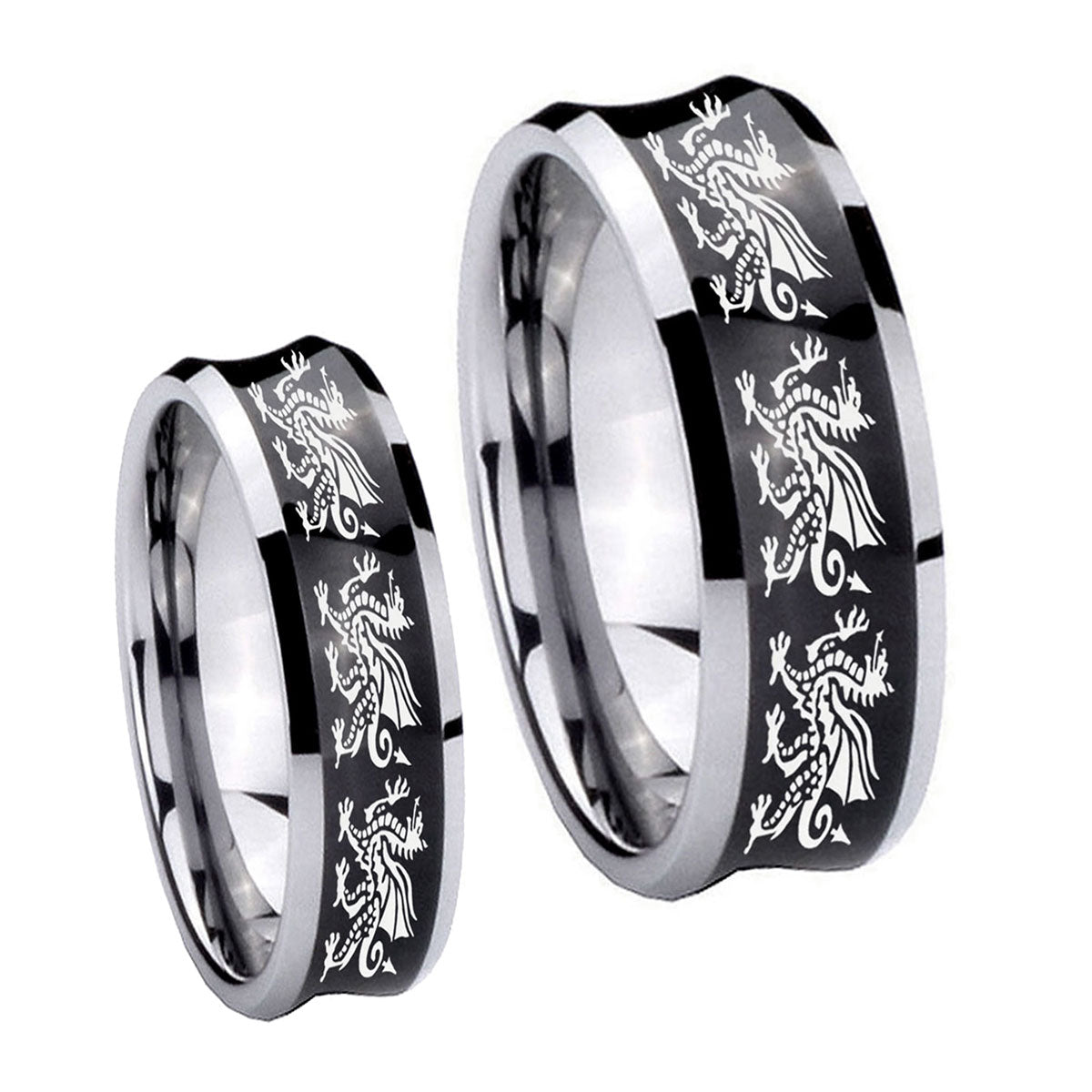 Multiple Dragon Concave Black Tungsten Mens Ring Set