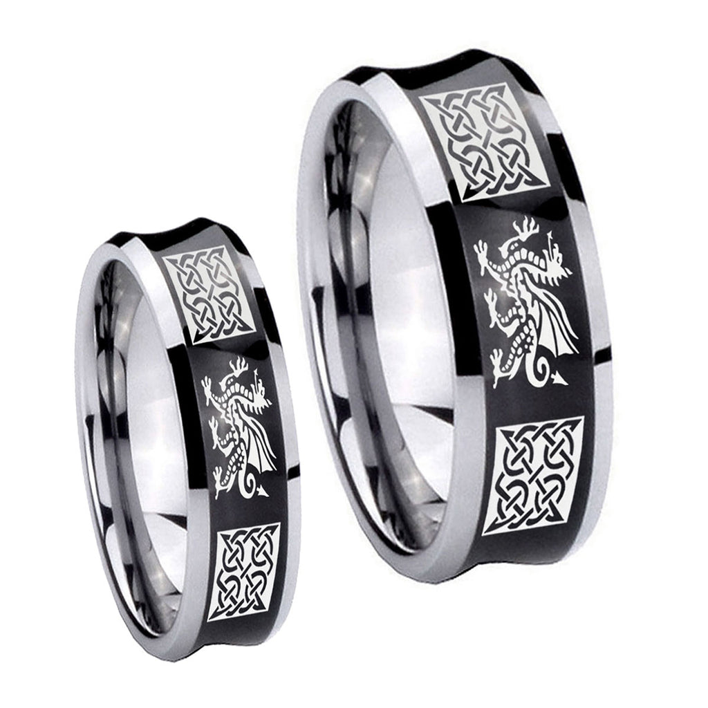 Multiple Dragon Celtic Concave Black Tungsten Bridal Ring Set
