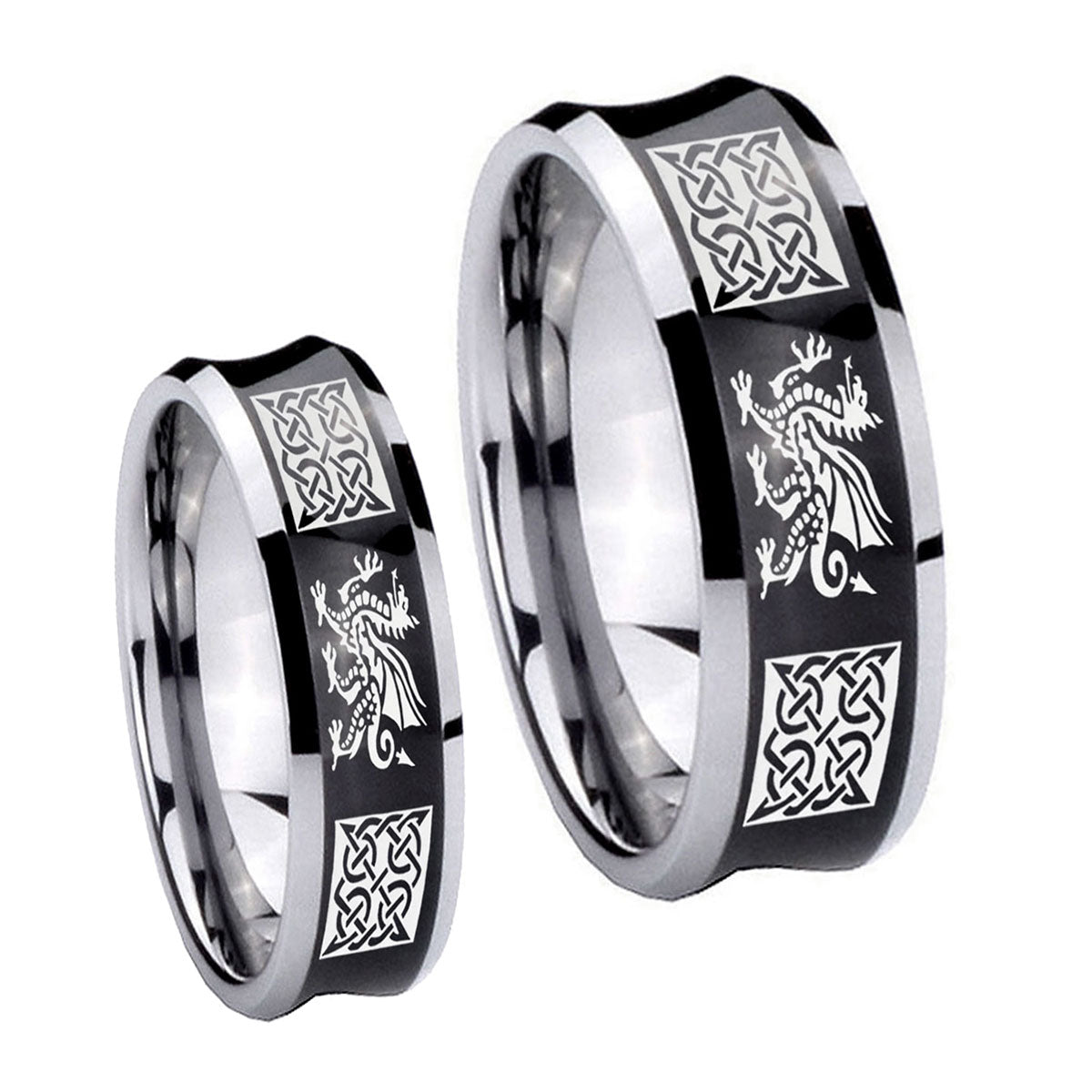 Multiple Dragon Celtic Concave Black Tungsten Bridal Ring Set