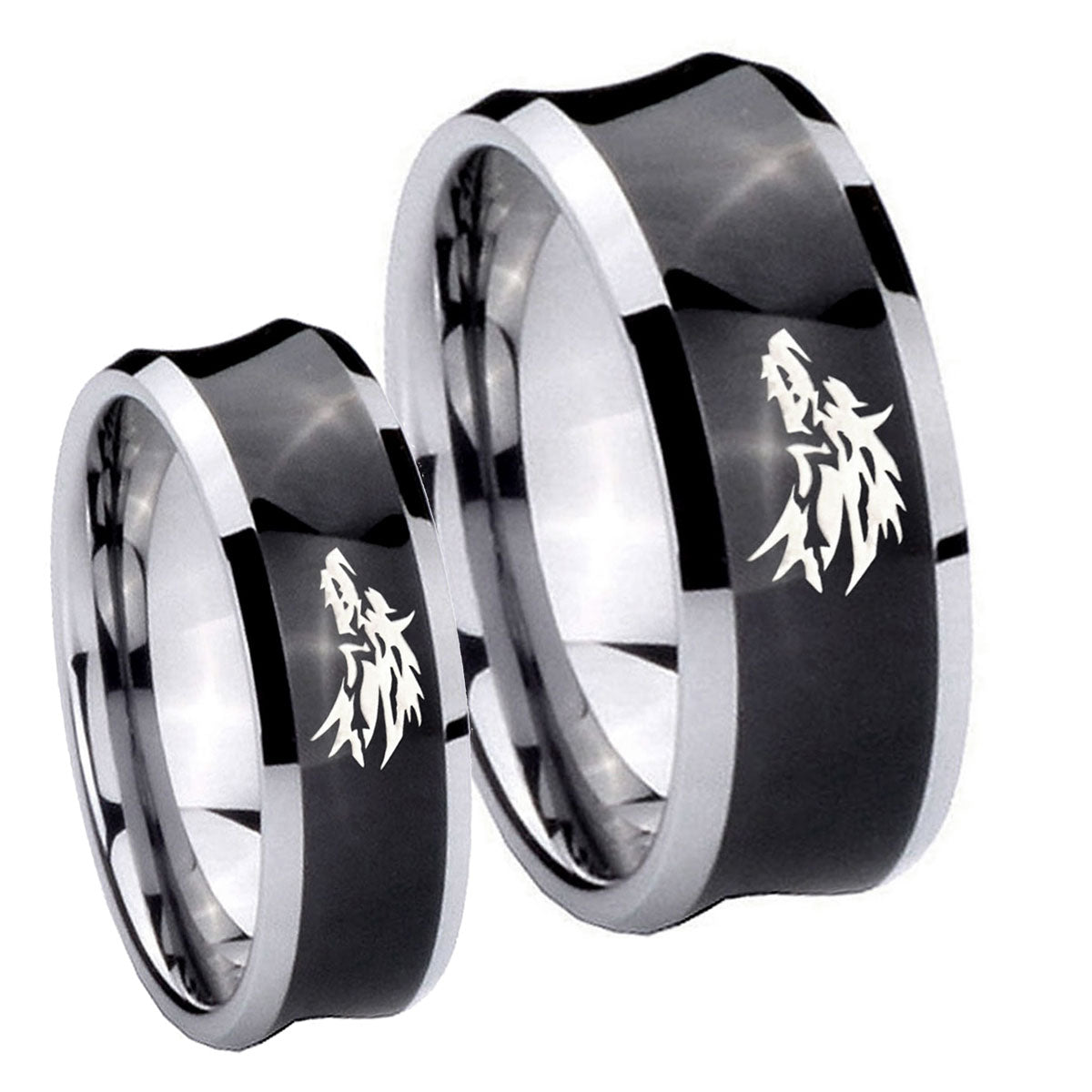 Wolf Concave Black Tungsten Bridal Set Ring