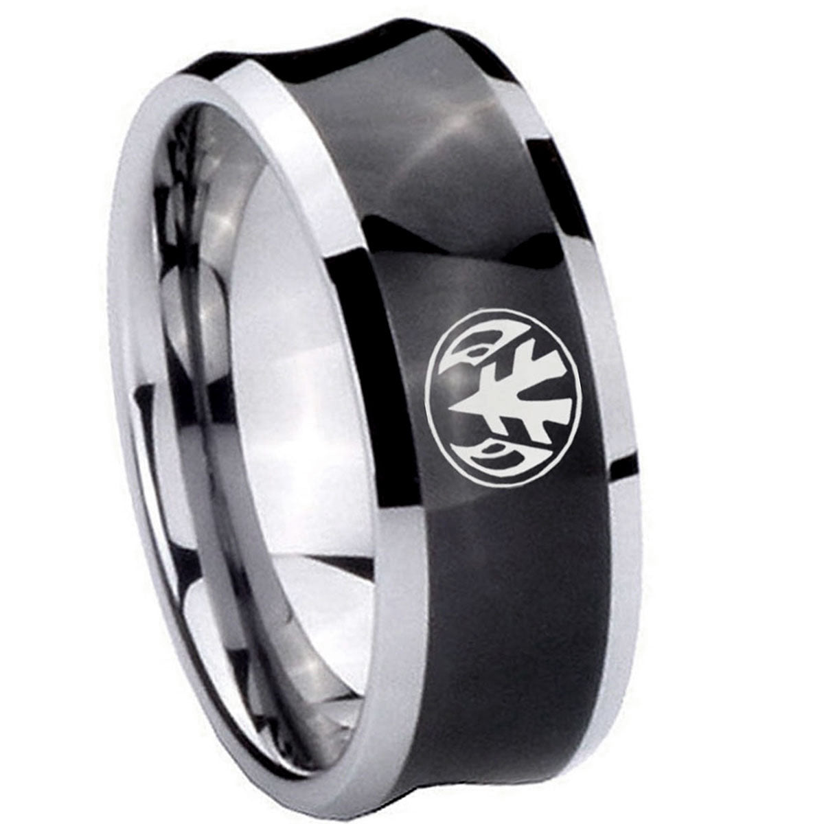 8MM Love Power Rangers Concave Black Tungsten Carbide Mens Ring