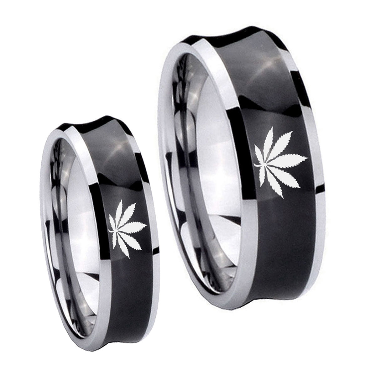 Marijuana Leaf Concave Black Tungsten Bridal Set Rings