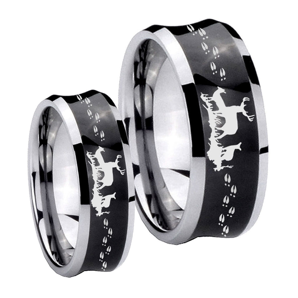 Deer Hunting Concave Black Tungsten Wedding Band Set