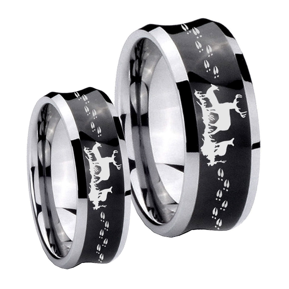 Deer Hunting Concave Black Tungsten Wedding Band Set