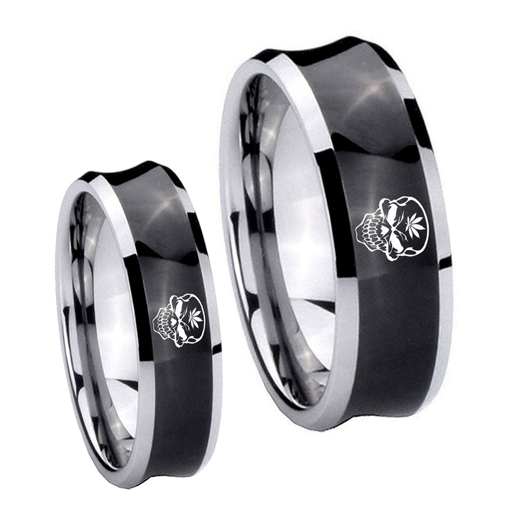 Skull Marijuana Leaf Concave Black Tungsten Bridal Band Set
