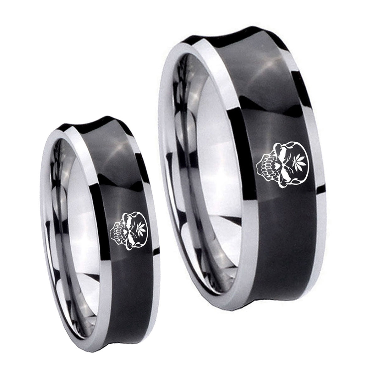 Skull Marijuana Leaf Concave Black Tungsten Bridal Band Set