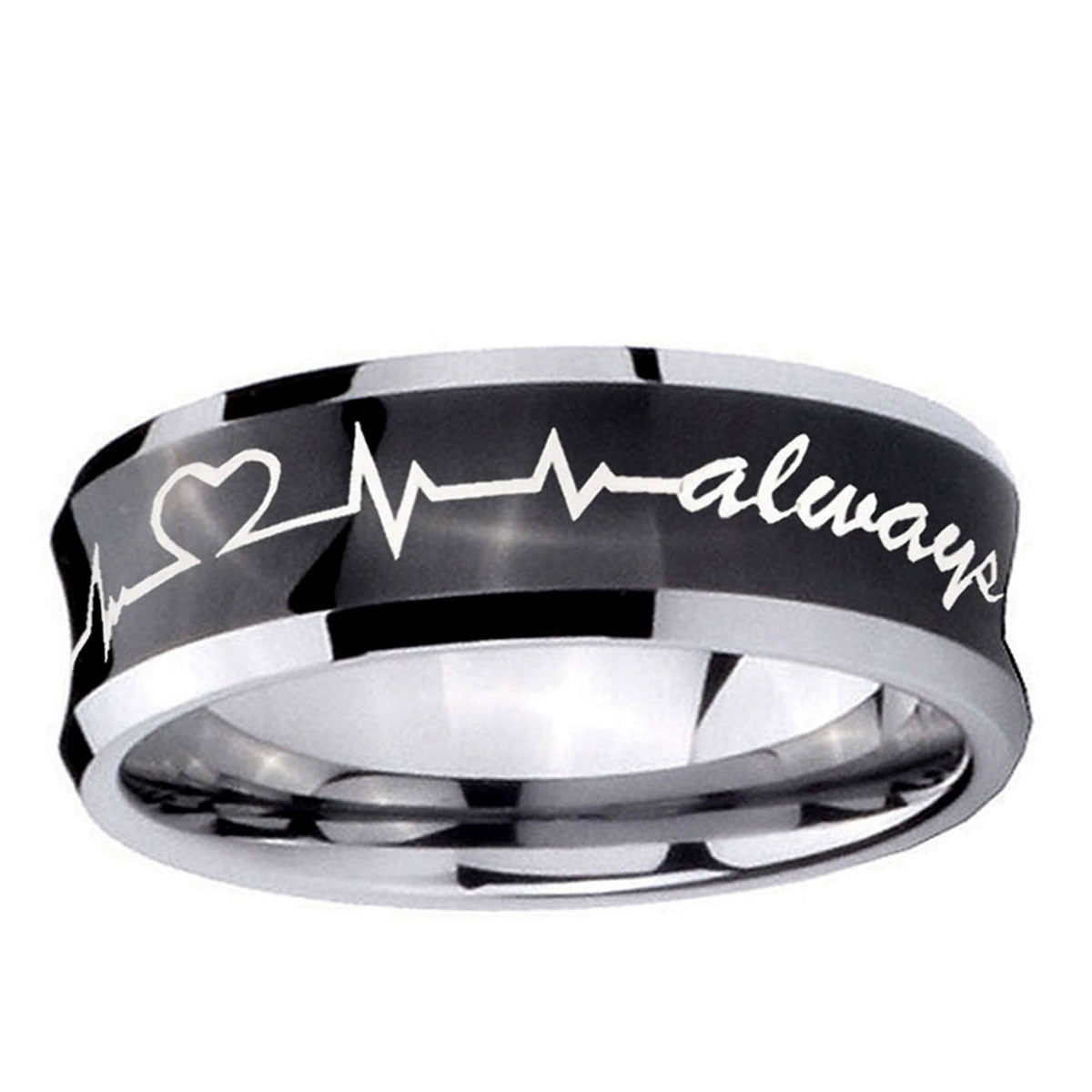 10mm Heart Beat forever Heart always Concave Black Tungsten Custom Ring for Men
