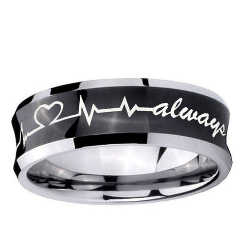 10mm Heart Beat forever Heart always Concave Black Tungsten Custom Ring for Men