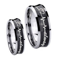 Heart Beat forever Heart always Concave Black Tungsten Matching Ring Set