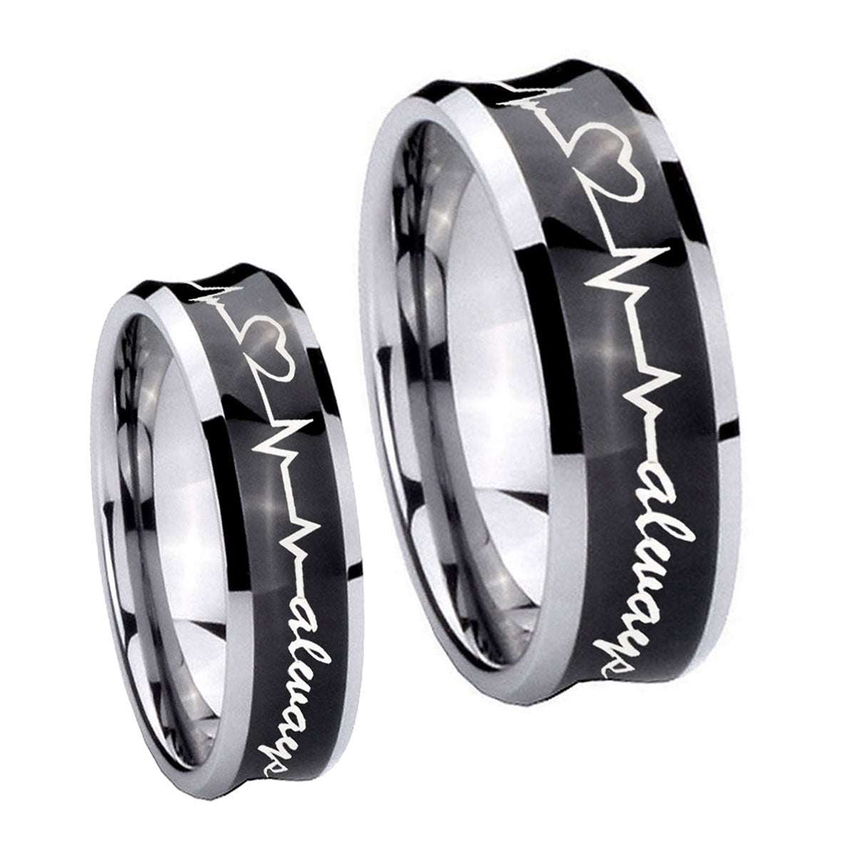 Heart Beat forever Heart always Concave Black Tungsten Matching Ring Set