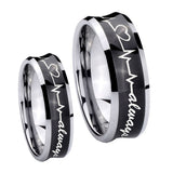 His Hers Heart Beat forever Heart always Concave Black Tungsten Wedding Ring Set