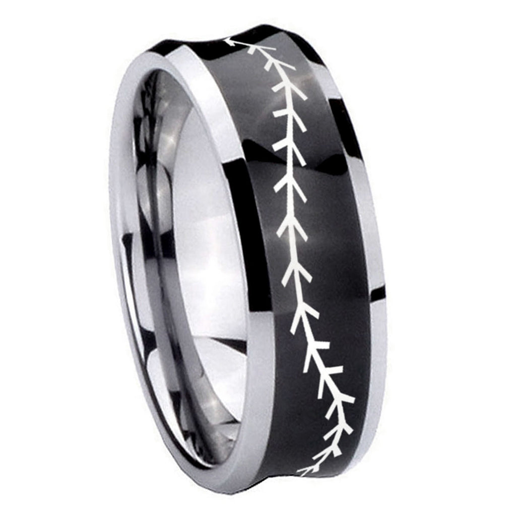 8MM Baseball Stitch Concave Black Tungsten Wedding Bands Ring