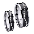 Baseball Stitch Concave Black Tungsten His Hers Set Rings