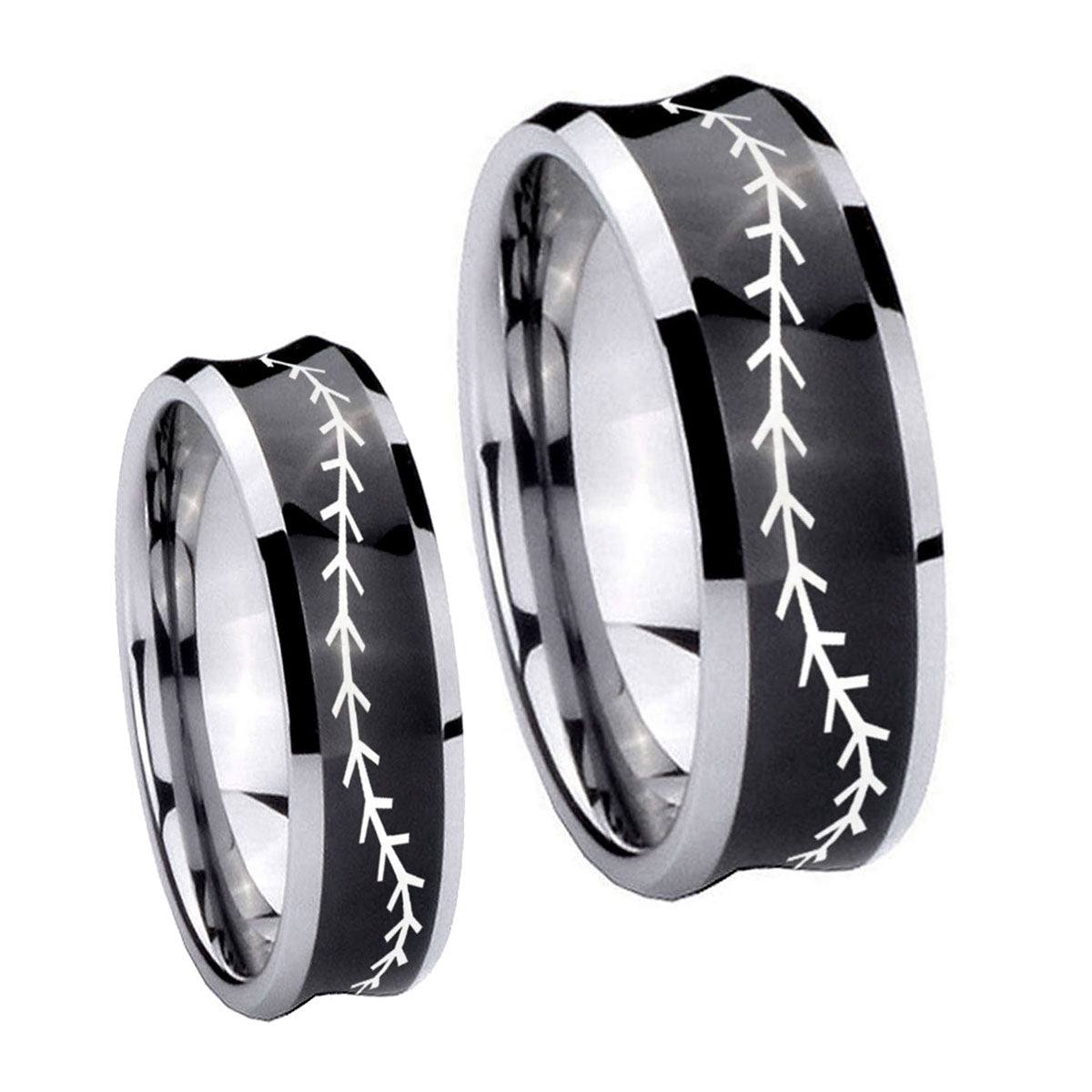 Baseball Stitch Concave Black Tungsten His Hers Set Rings