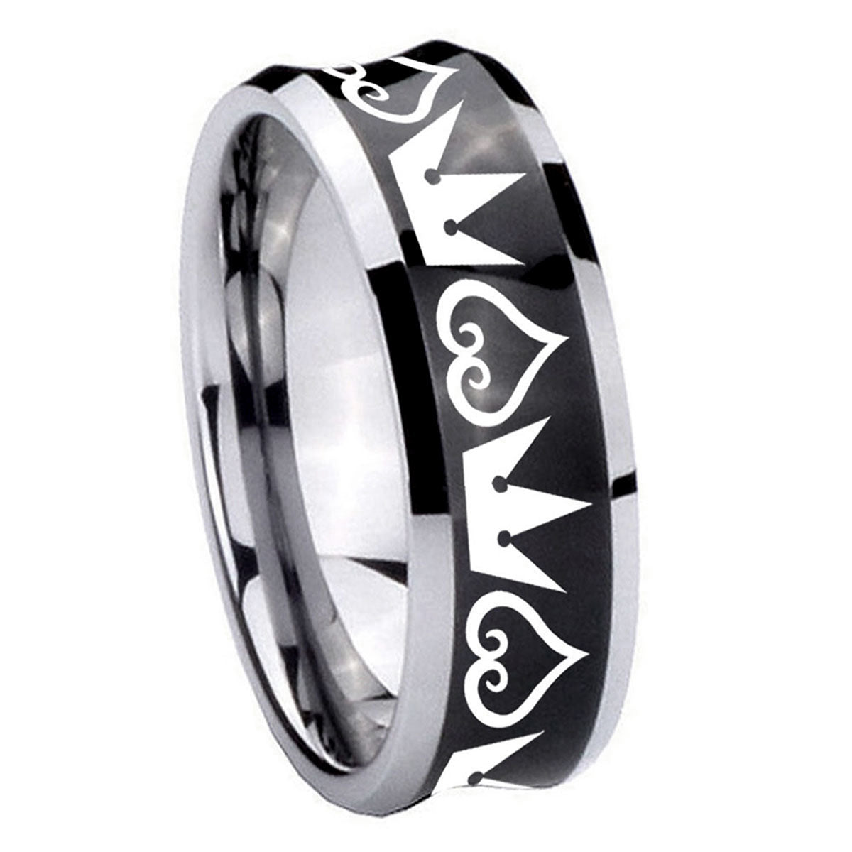 8MM Hearts Crowns Concave Black Tungsten Wedding Ring