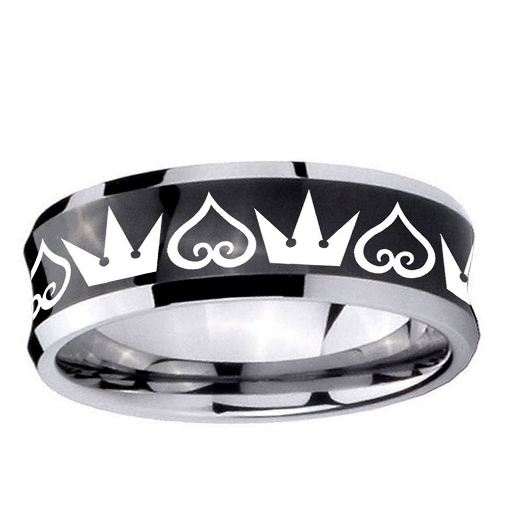 10mm Hearts and Crowns Concave Black Tungsten Ring