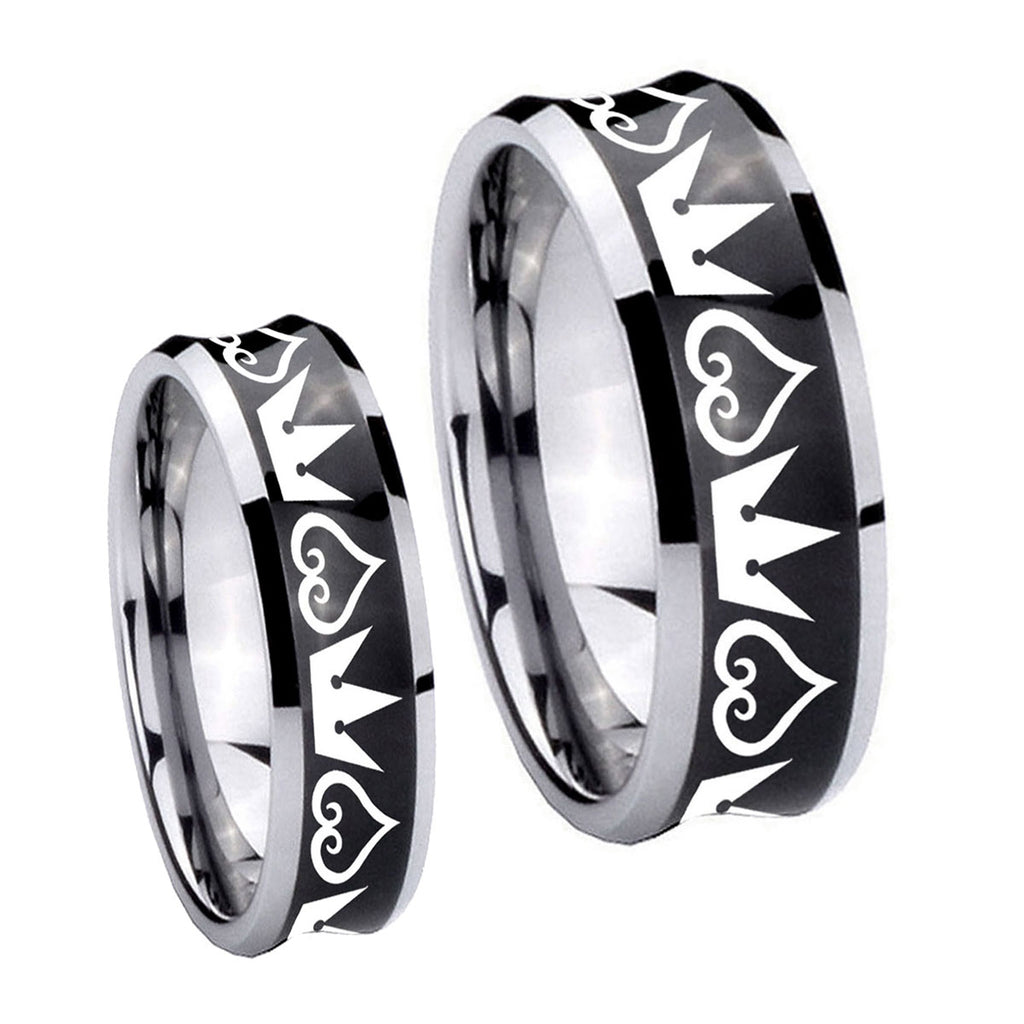 Hearts and Crowns Concave Black Tungsten Wedding Ring Set