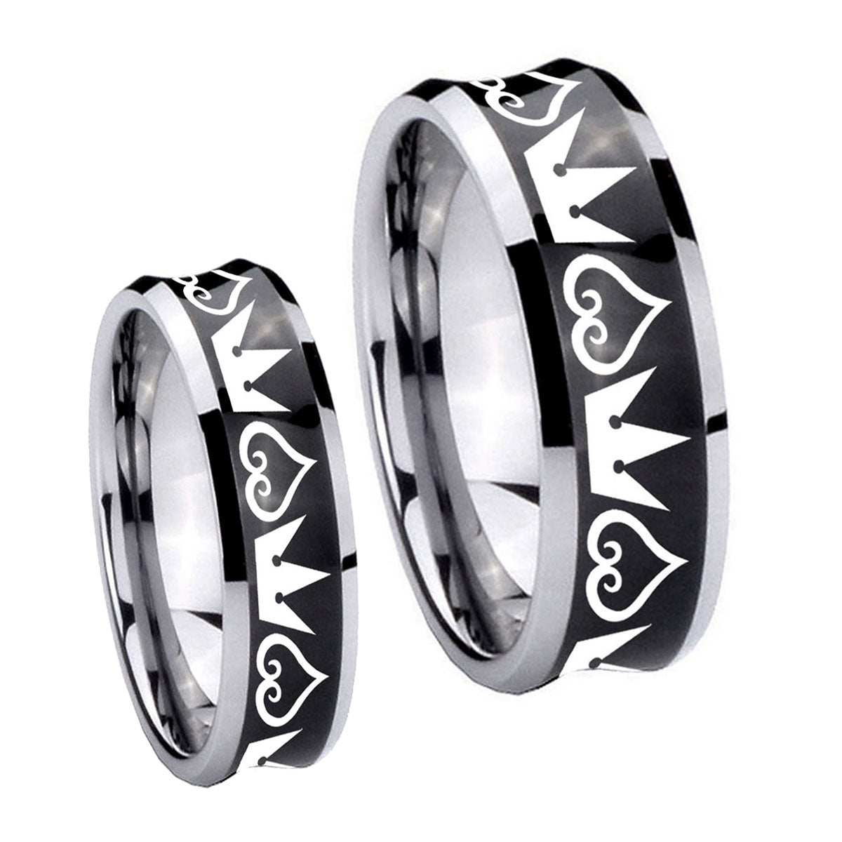 Hearts and Crowns Concave Black Tungsten Wedding Ring Set