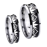 Bride and Groom Hearts and Crowns Concave Black Tungsten Carbide Bands Ring Set