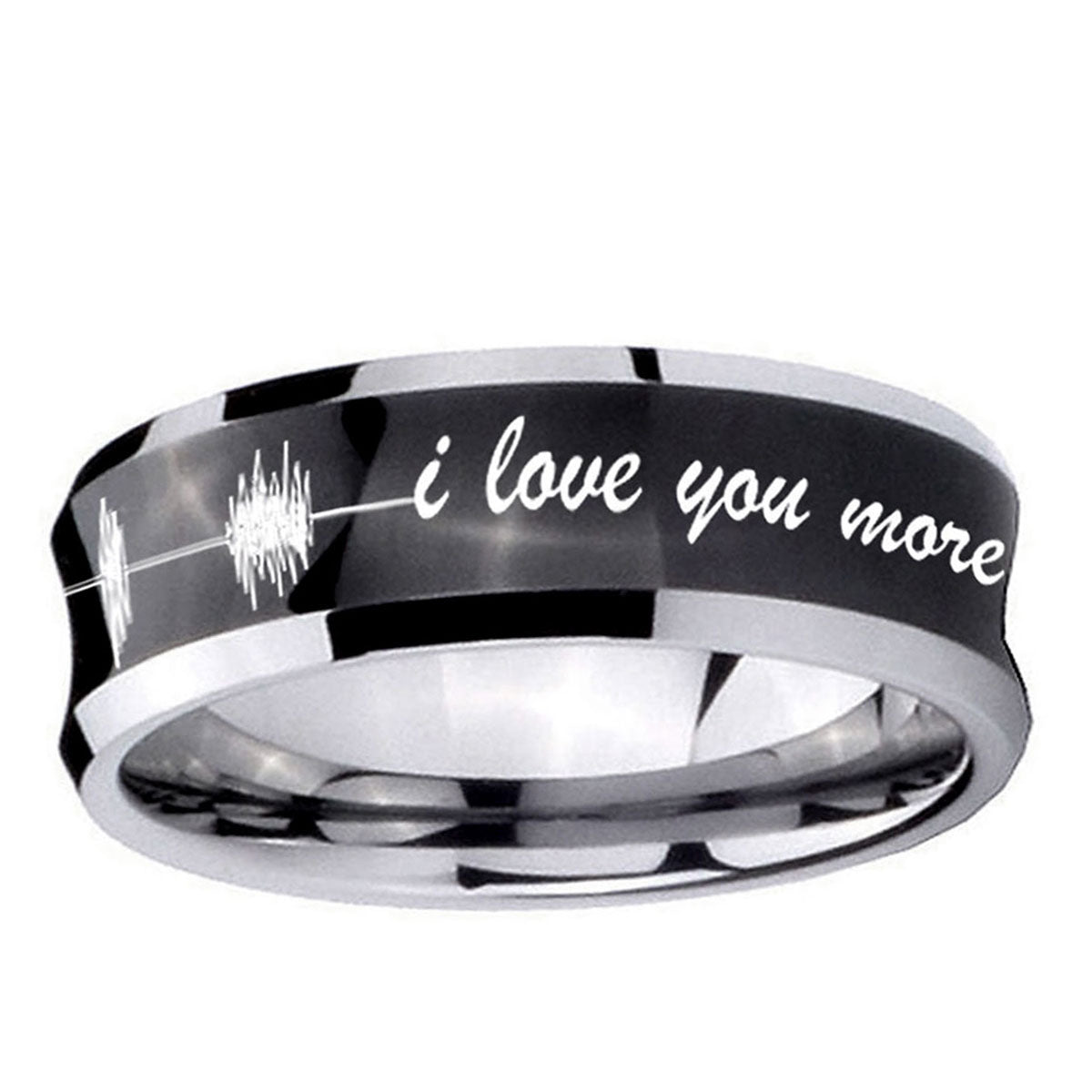 10mm Sound Wave, I love you more Concave Black Tungsten Ring