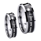 His Hers Sound Wave, I love you more Concave Black Tungsten Mens Ring Set
