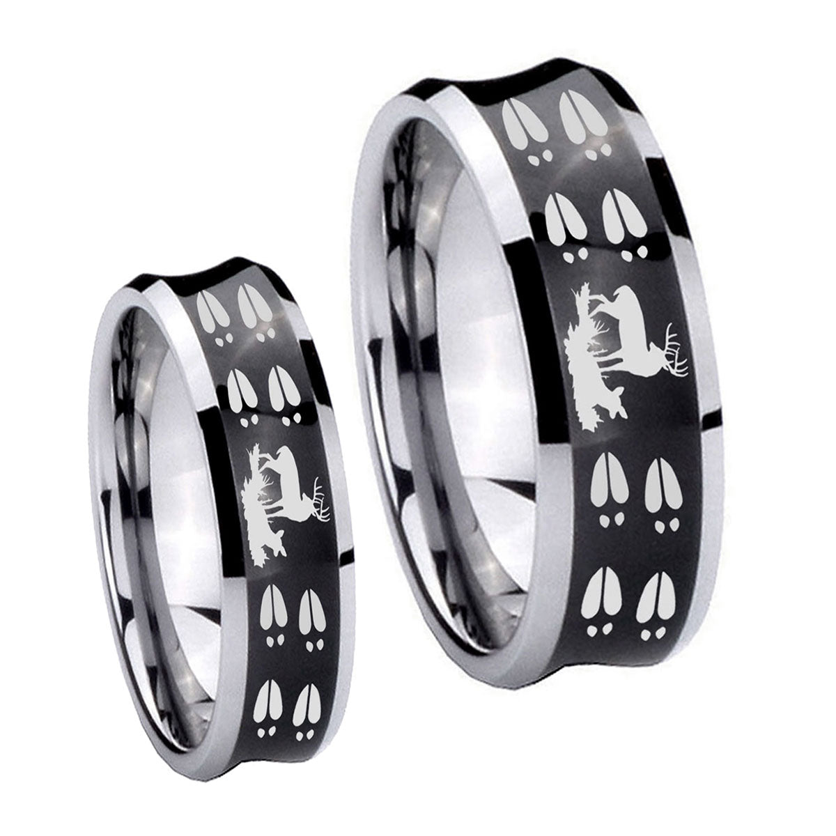 Deer Hunting Tracks Concave Black Tungsten Wedding Ring Sets