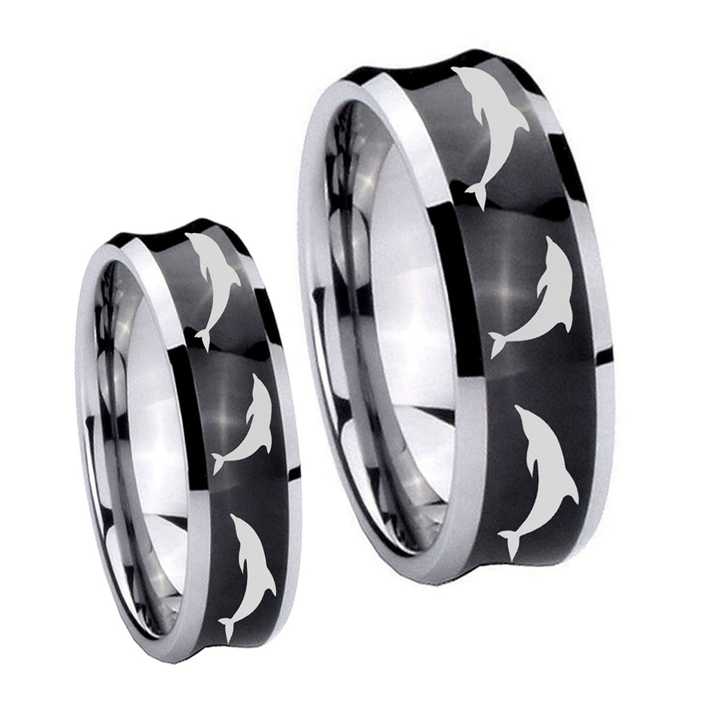 Dolphins Concave Black Tungsten Bridal Ring Set