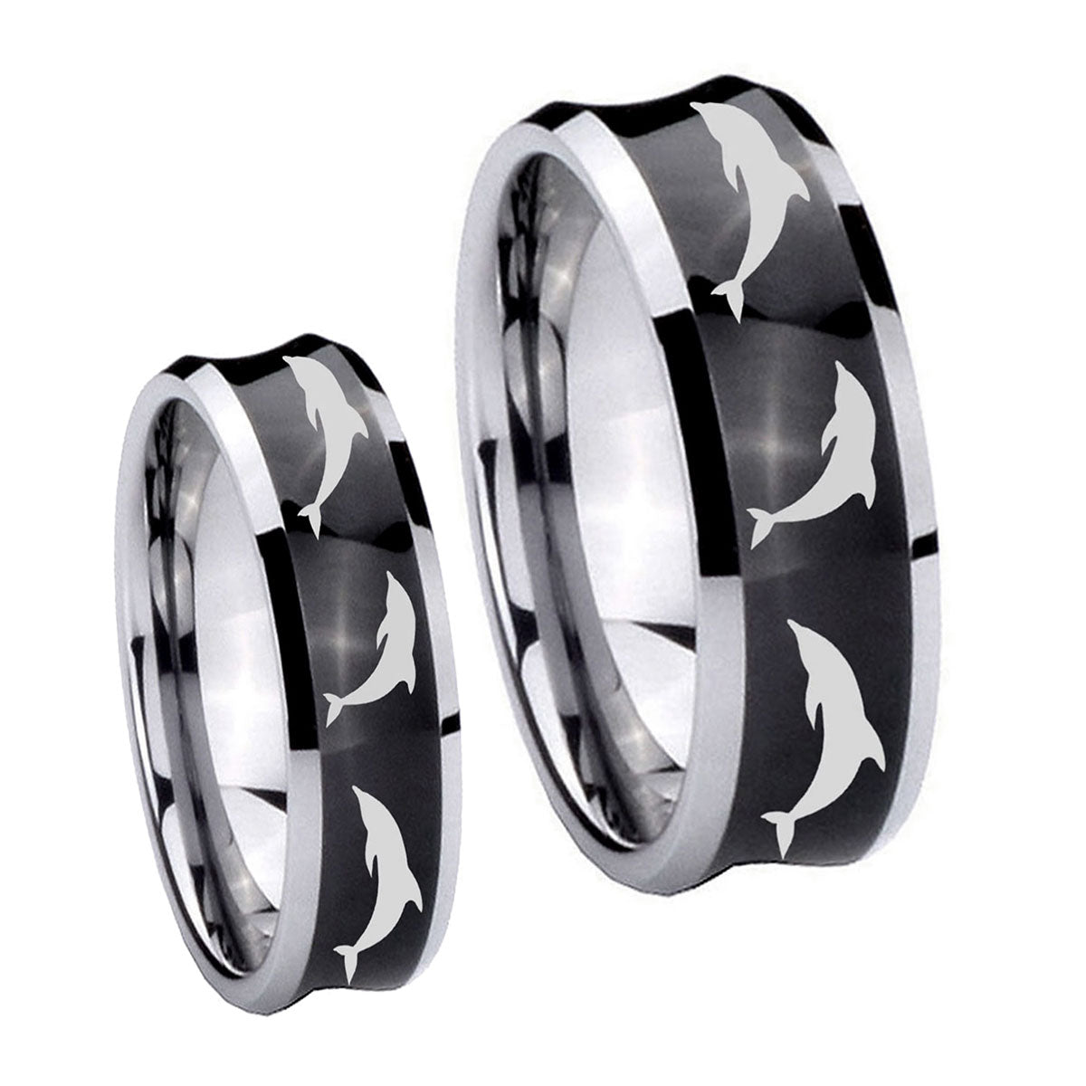 Dolphins Concave Black Tungsten Bridal Ring Set