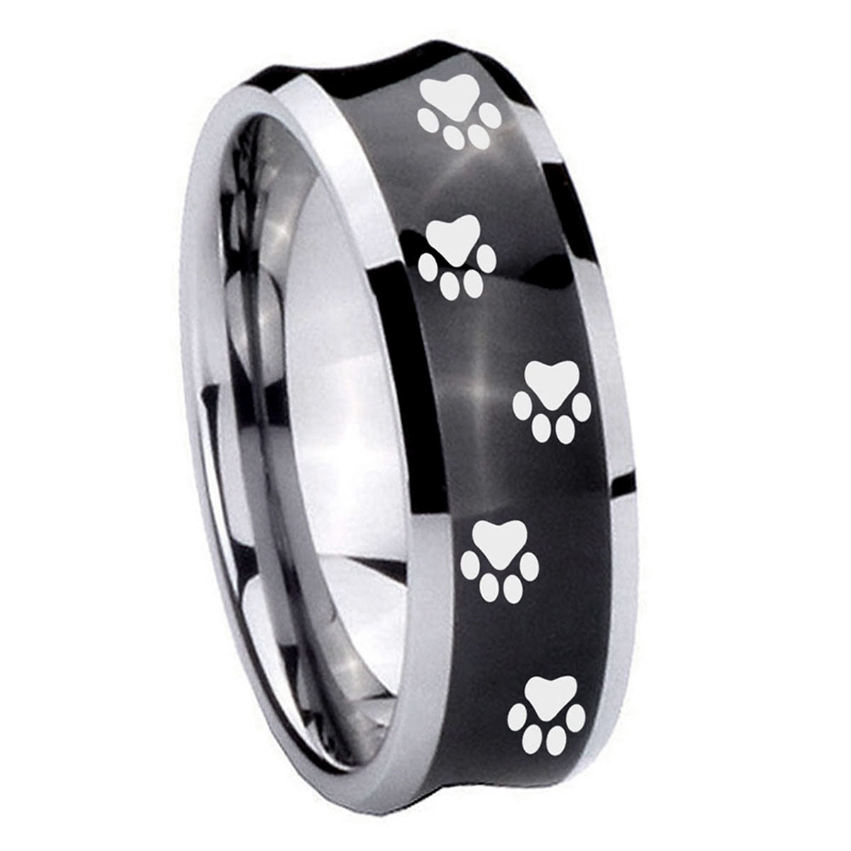8MM Paw Print Concave Black Tungsten Carbide Mens Bands Ring