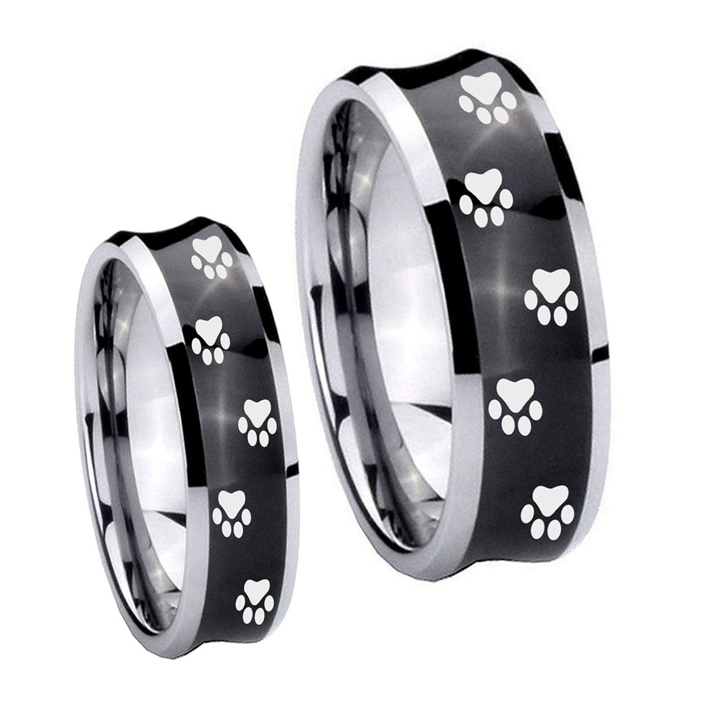 Paw Print Concave Black Tungsten Engagement Ring Set