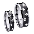 Paw Print Concave Black Tungsten Engagement Ring Set