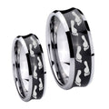 Foot Print Concave Black Tungsten Bridal Set Rings