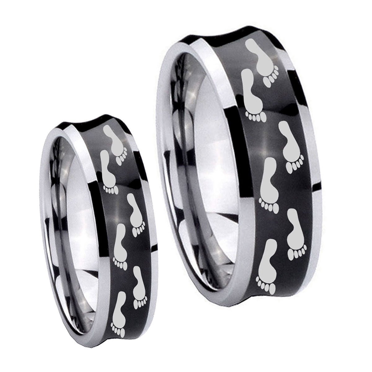 Foot Print Concave Black Tungsten Bridal Set Rings